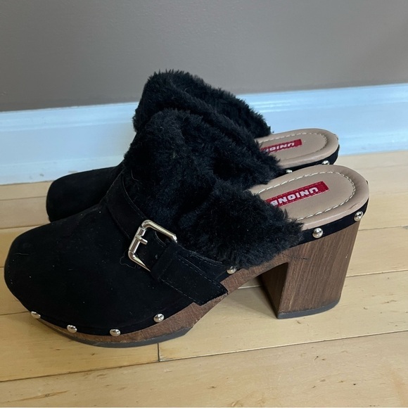 Uninon Bay Shoes Womens 7.5 Samantha Slip On Mule Buckle Clogs Wood Black Fur - Picture 4 of 9